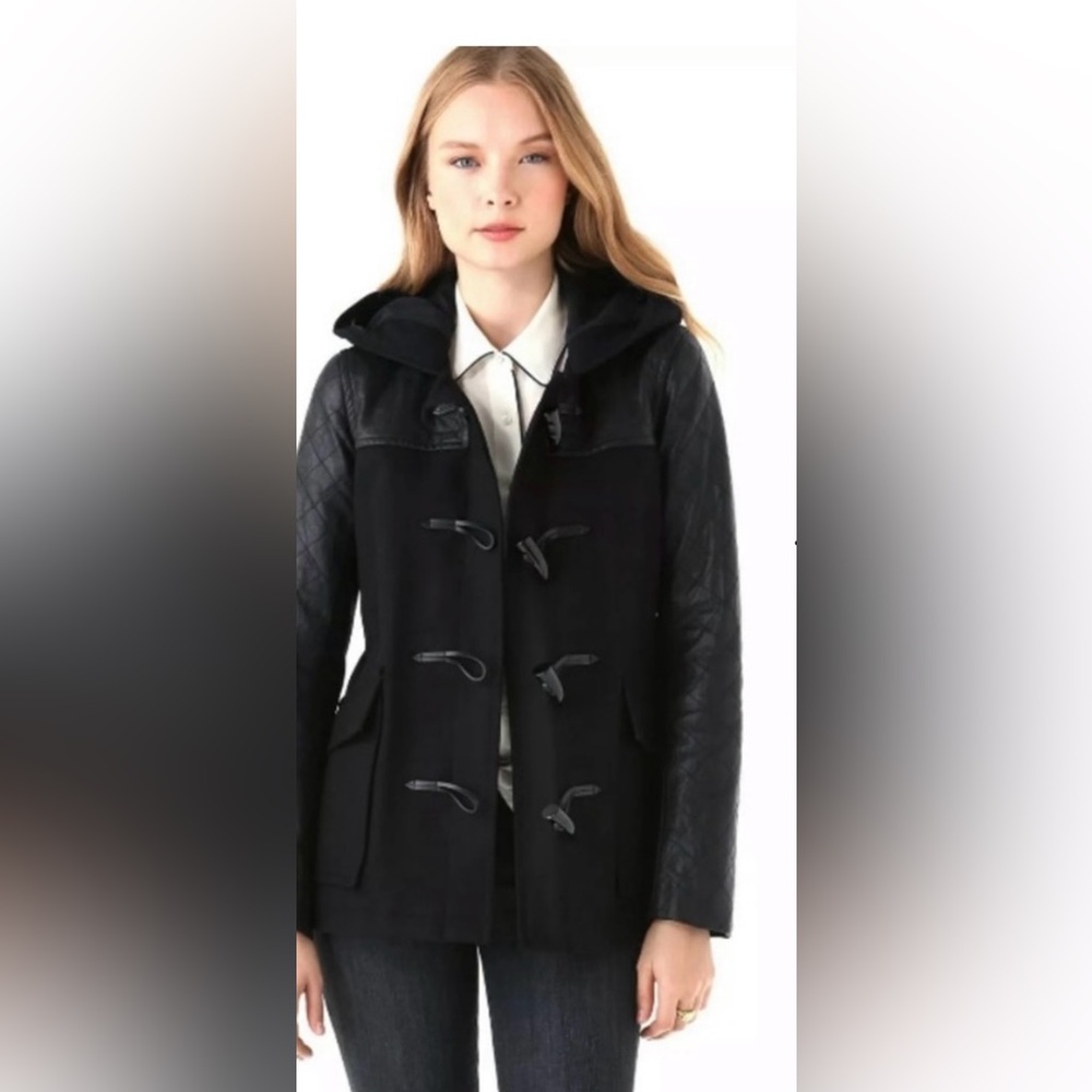 THEORY Marimba Raw Edge Wool Lamb Leather Hooded Coat Size Med (fits small)